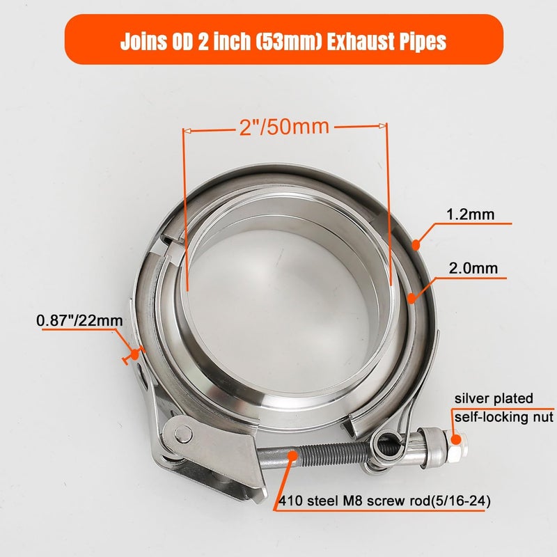 eLifecenter 2 Pack 2 inch Exhaust V Clamps Stainless Steel with ID 2" Male Female Flanges v-band Clamp Quick Release Latch Bolt - Image 2